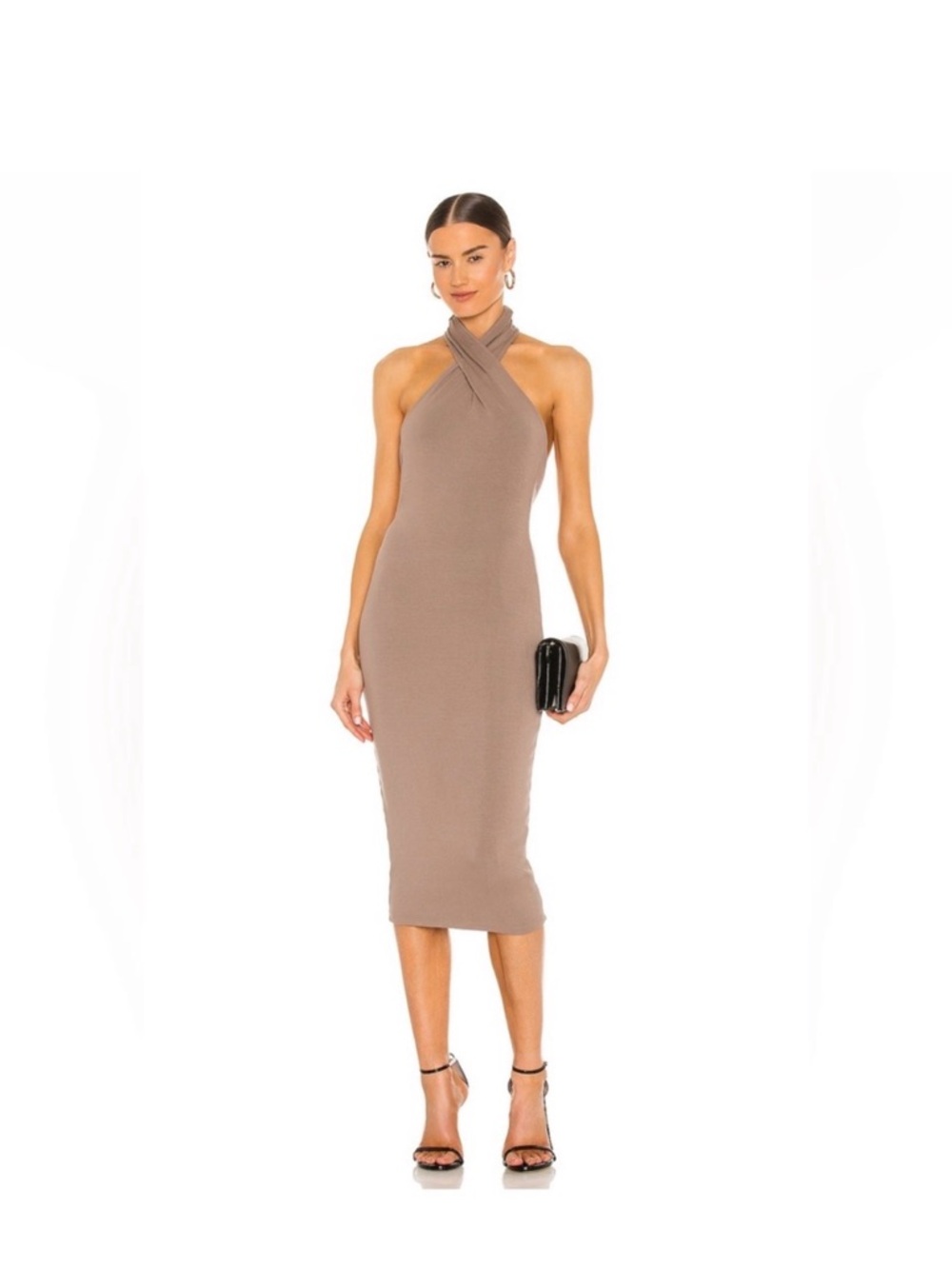 NBD Anju Midi Dress in deep taupe.
